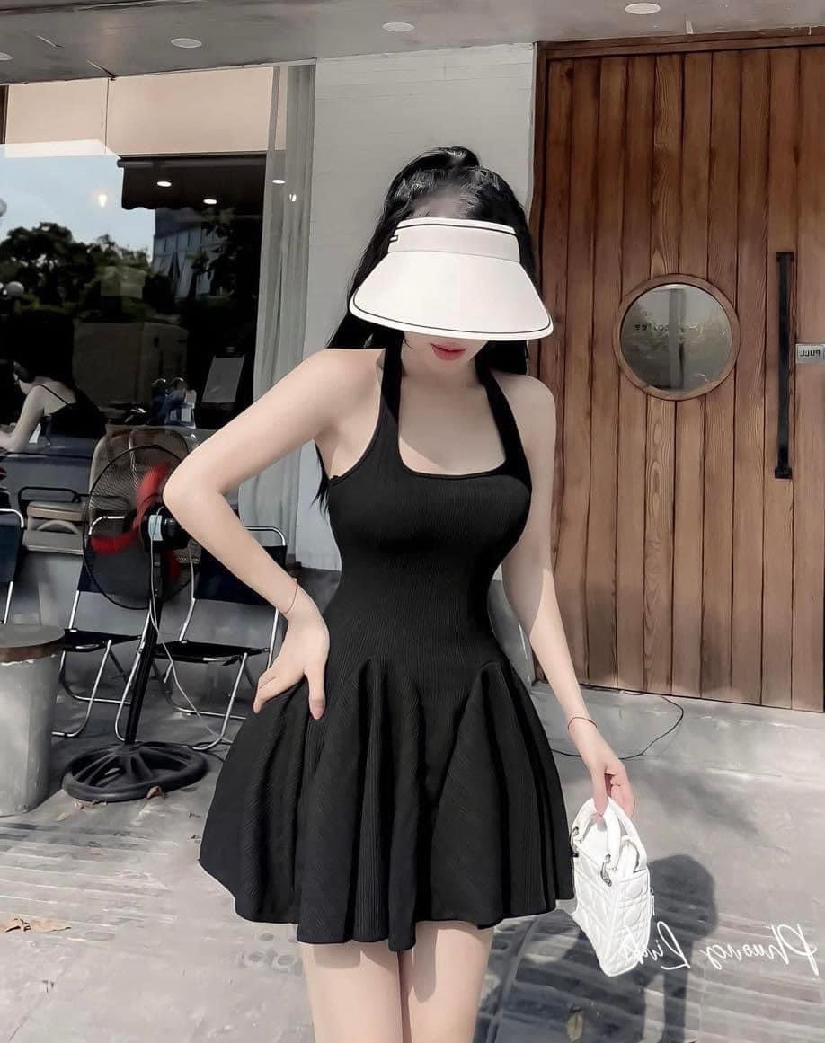 Đầm thun hai dây cổ U đơn giản mặc đi chơi, váy basic xòe màu trơn phong cách thể thao trẻ trung