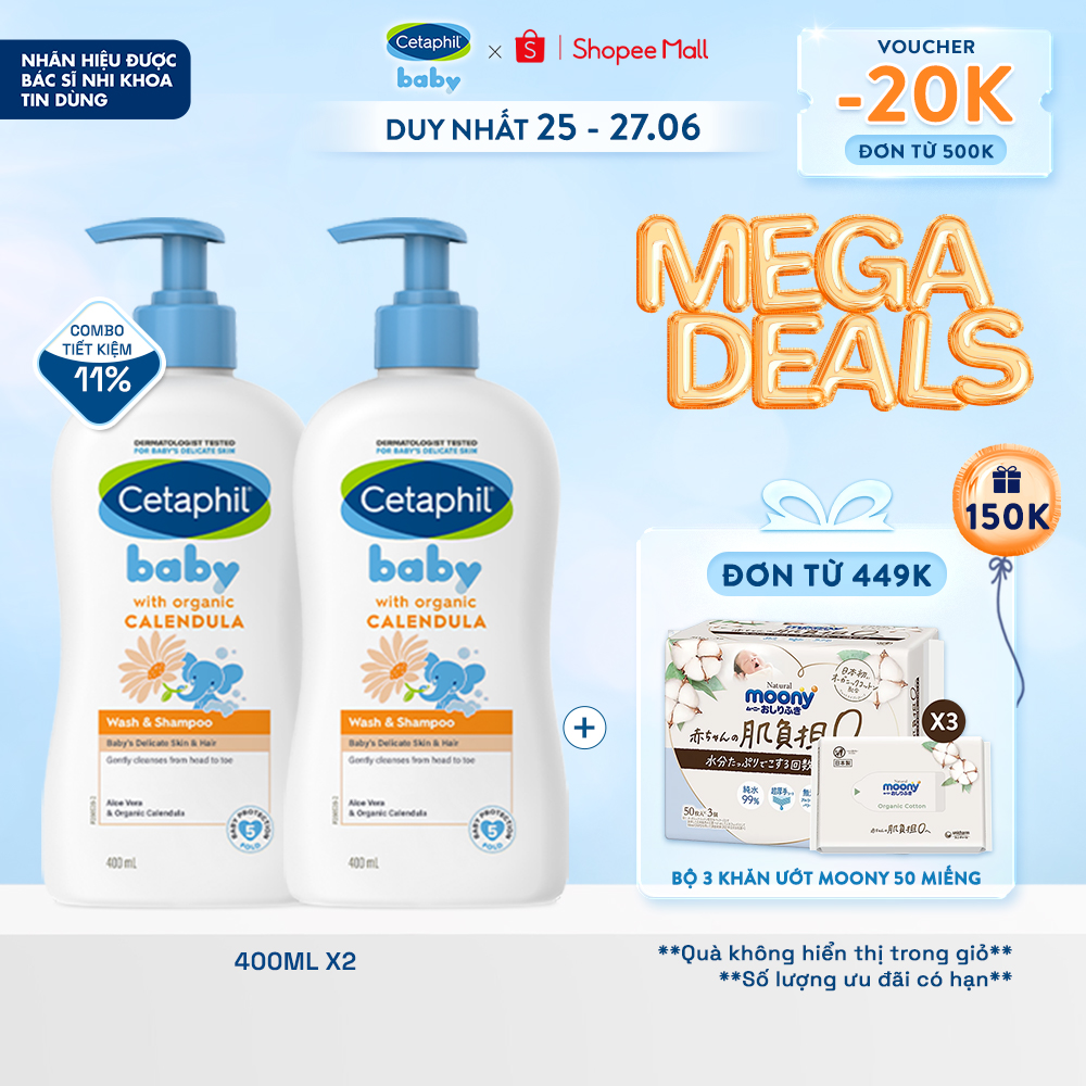[25.6 TRỢ GIÁ SỐC + VOUCHER ĐẾN 18%] Combo 2 Sữa tắm gội dịu lành cho bé Cetaphil Baby Wash & Shampoo with Organic Calendula 400ml/chai
