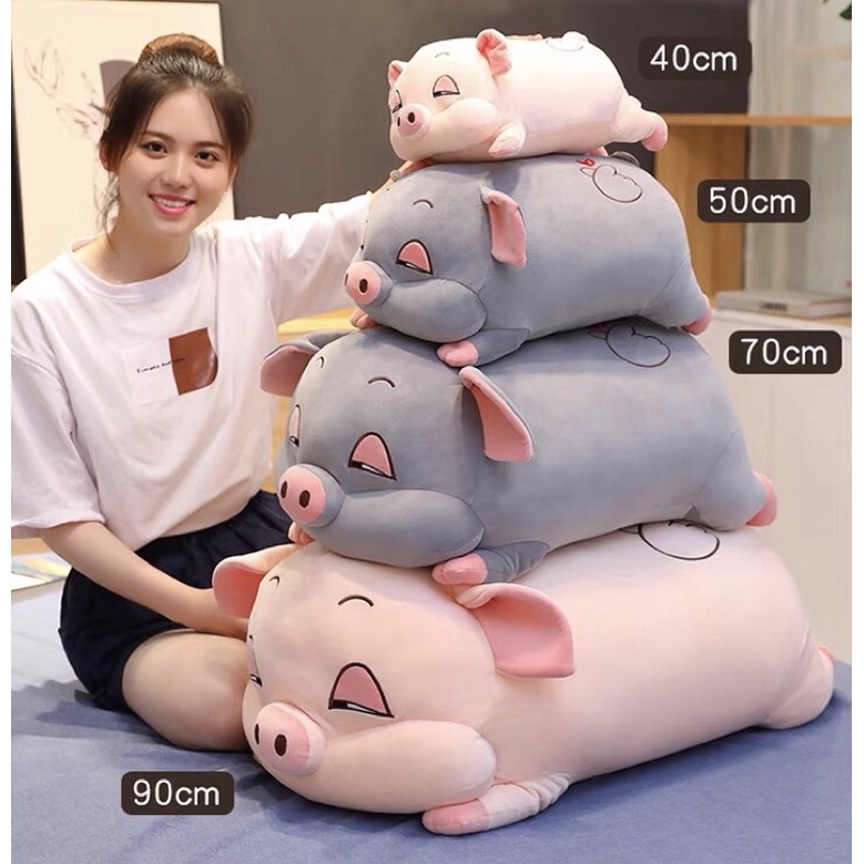 Gối ôm hình thú con heo béo mắt hí cute-thú nhồi bông con lợn ngủ béo ú kích thước 35cm 55cm 80cm