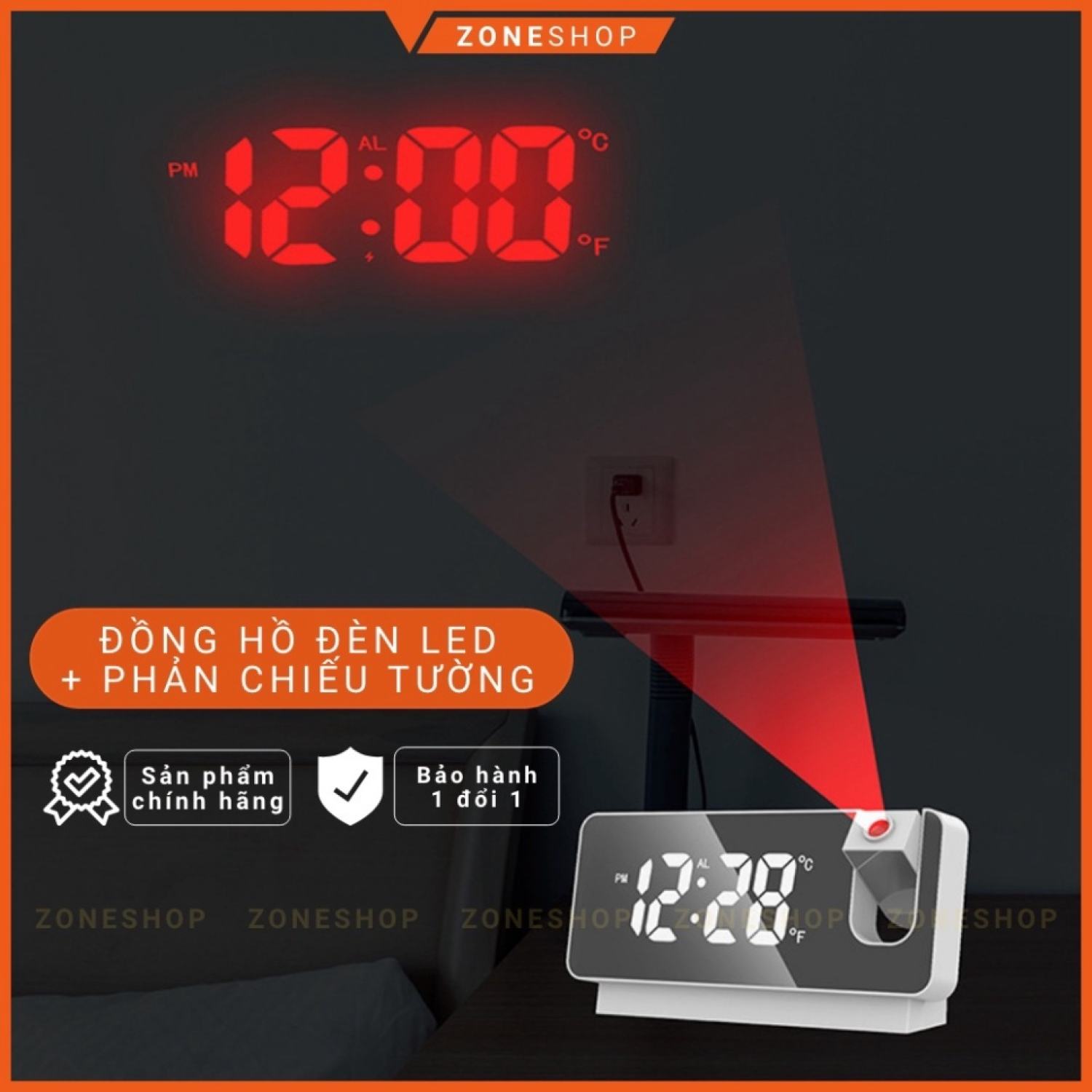 Đồng hồ báo thức LED để bàn ZONEHOUSE, phản chiếu đèn led trên tường, đo nhiệt độ, hiển thị đa chức năng phân