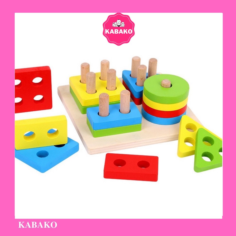 Đồ chơi thả cọc gỗ thả hình khối 4 cọc đồ chơi gỗ thả hình 4 trụ kabako kbk006