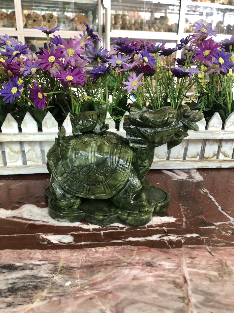 Tượng Long Quy cõng con phong thủy đá ngọc Ấn Độ - Dài 16cm