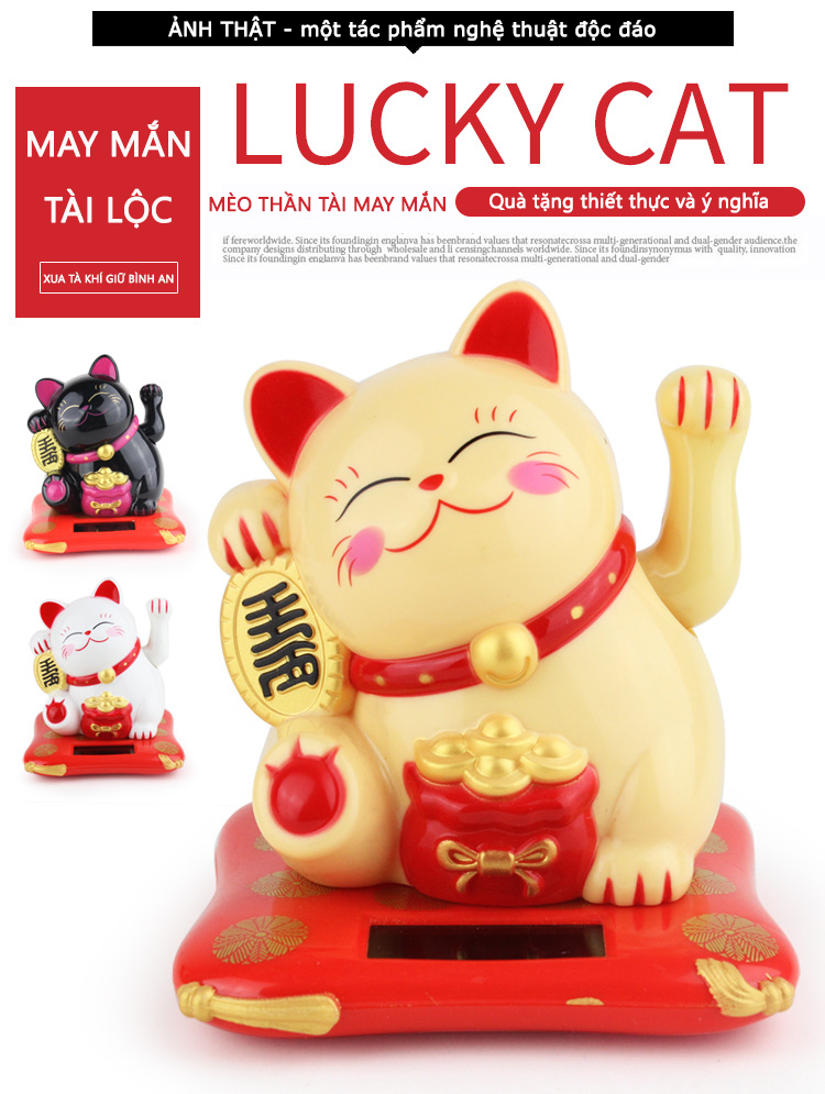 Mèo thần tài vẫy tay dùng năng lượng mặt trời dùng trang trí trên ô tô trong nhà kêu gọi tài lộc - OT0732
