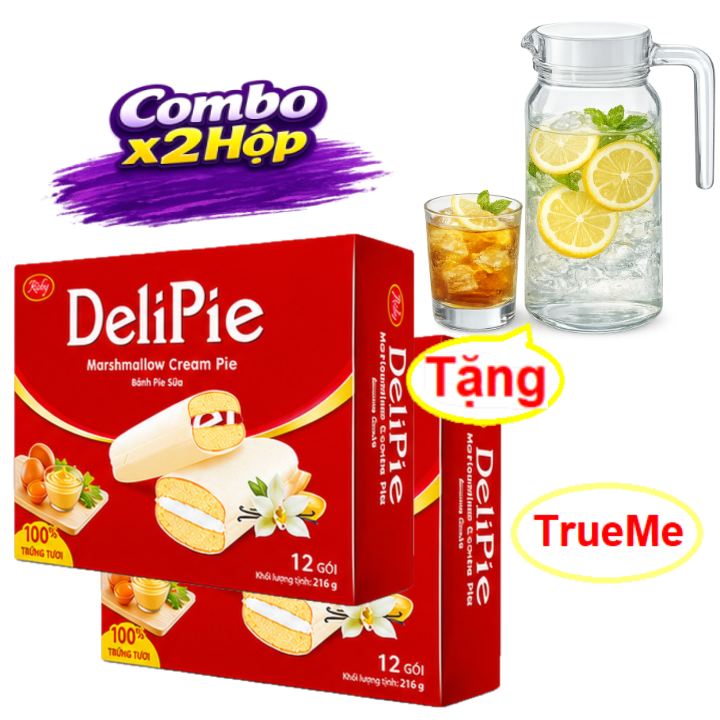 [Tặng Bộ Bình Ly Thủy Tinh Cao Cấp] Combo x2 Hộp Bánh DeliPie sữa Vani (12 gói x 18g/hộp) - bánh bông lan - Richy - banh keo - TrueMe delipie12 LazadaTrueMe