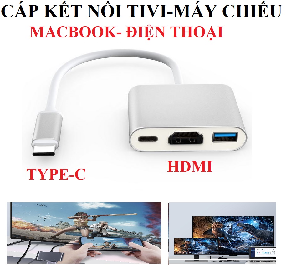 Dây chuyển đổi từ Typec sang HDMI USB 3.0 kết nối macbook điện thoại với tivi máy chiếu chất lượng 4K cáp Typec to HDMI