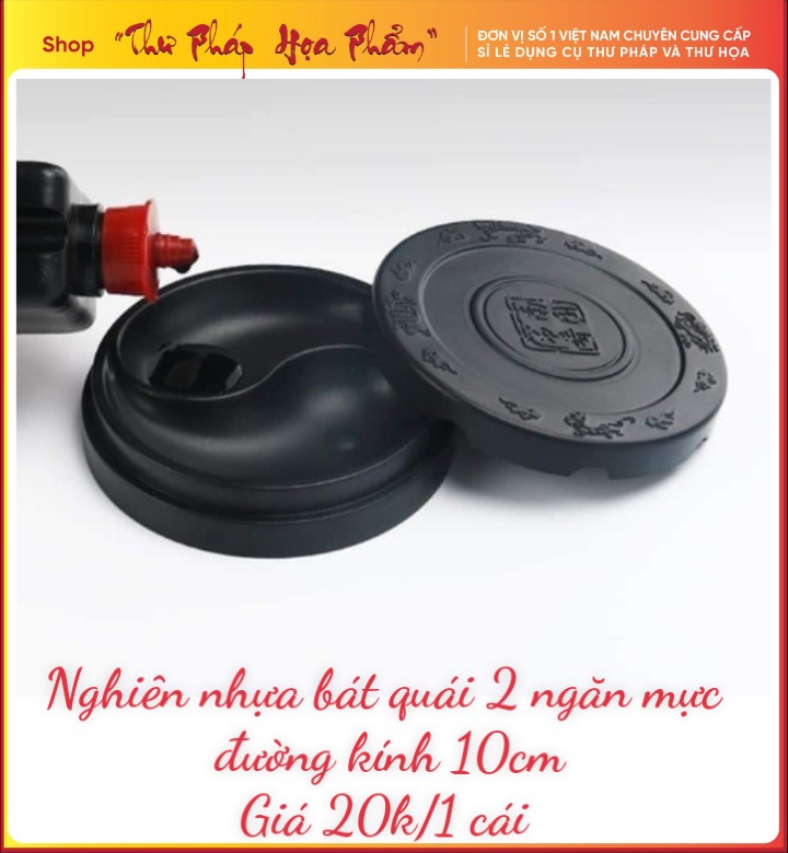 Nghiên mực bát quái thư pháp thư hoạ bằng nhựa đúc hình tròn có nắp đậy đường kính 10cm