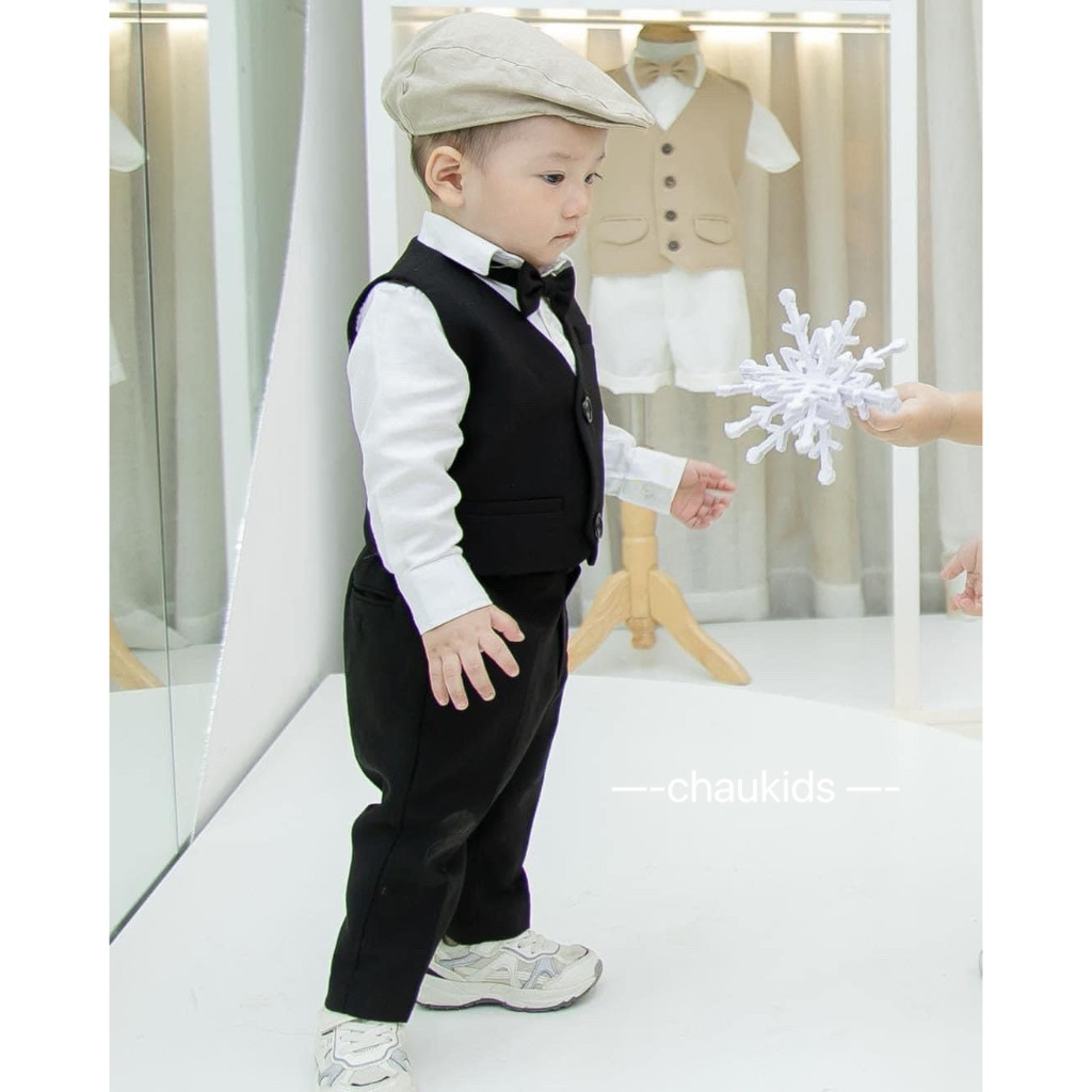 Set vest sơ mi công tử kèm gile bé trai, Set 3 chi tiết Công Tử cho bé từ 8-17kg - N6