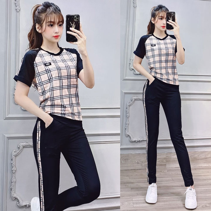 [HCM]Bộ đồ thể thao họa tiết phối sọc kèm logo cực kì tôn dáng TT428165 tay ráp lăng thun nhập cotton 100% mát lạnh co giãn thoáng mát giặt không xù