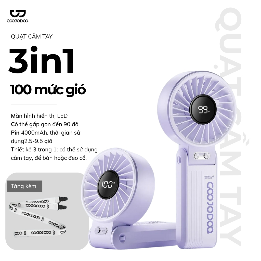 Quạt Gấp GOOJODOQ 2IN1 - Gấp 90 độ 100 cấp độ gió pin 3000mAh Kèm dây đeo GFS003