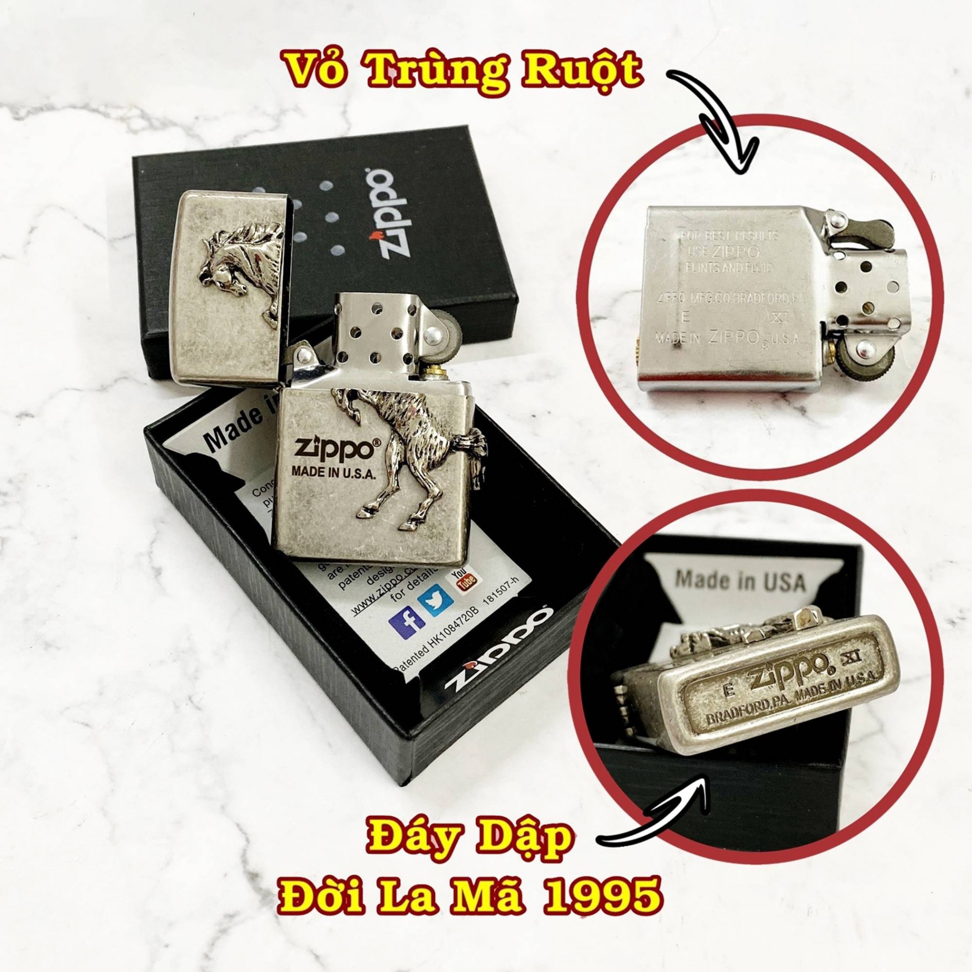 Bật lửa zippo mỹ bạc cổ hình nổi con ngựa "mã đáo thành công" - đời la mã 1995 - ruột usa - #bạc cổ