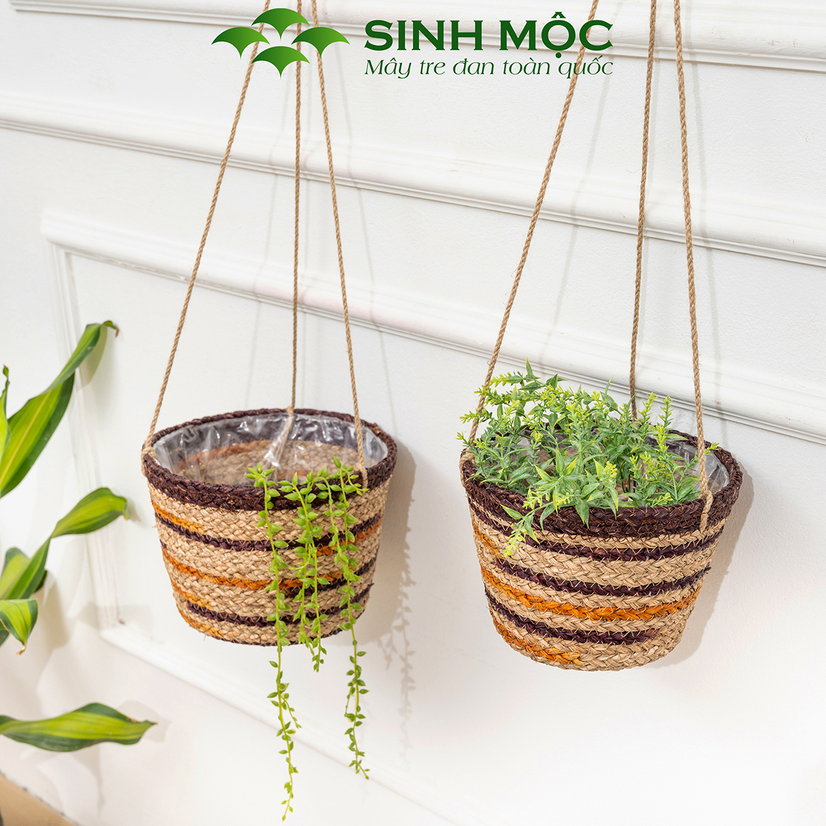 Giỏ hoa treo tường, chậu trồng cây, giỏ cói decor, giỏ cói đựng đồ Sinh Mộc - M1013