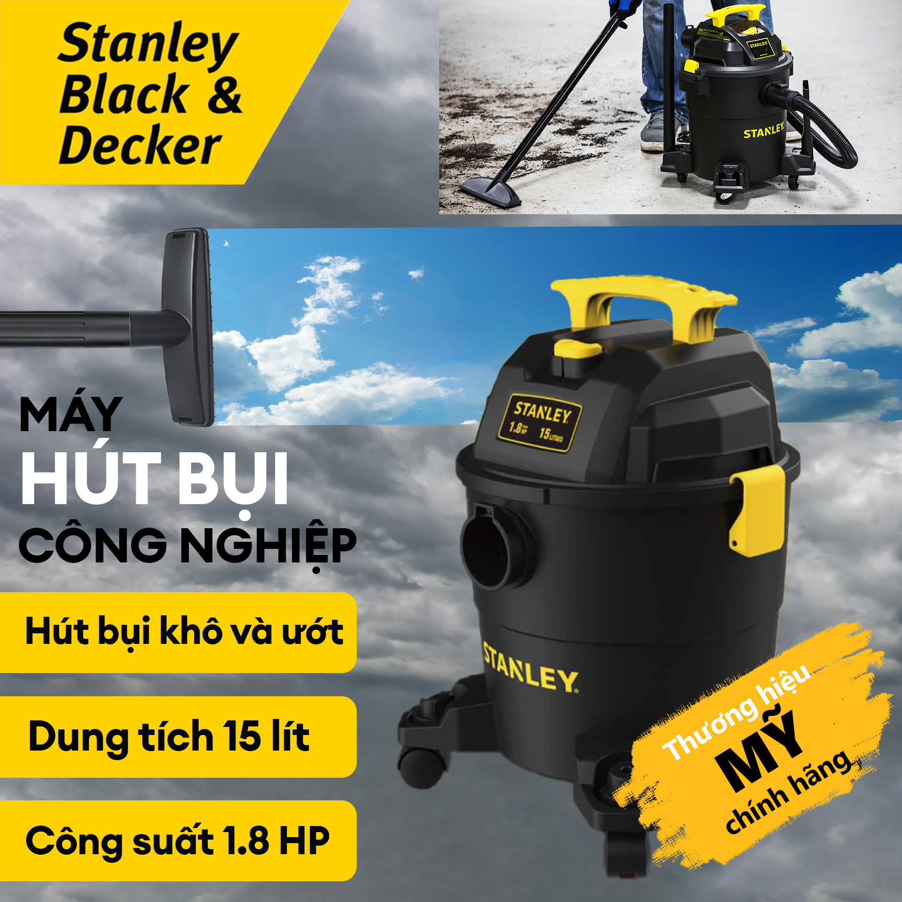 Máy hút bụi STANLEY  siêu mạnh 3 chức năng hút khô, ướt và thổi bụi 4000W MỸ dung tích 23L hút bụi gia đình máy hút bụi giường nệm