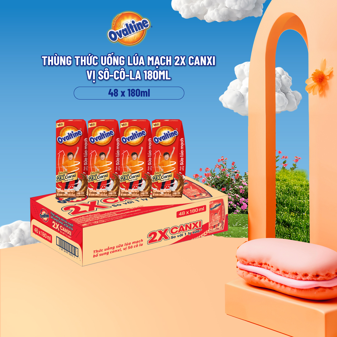Thùng 48 hộp Thức uống lúa mạch gấp đôi Canxi hương vị sô-cô-la Ovaltine (180ml x 48)
