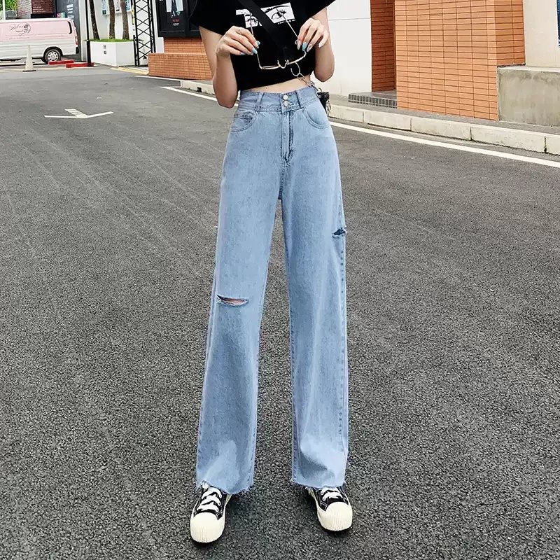 [HCM]quần bò jeans ống rộng nữ lưng cao hai nút phối rách siêu hot mới qv