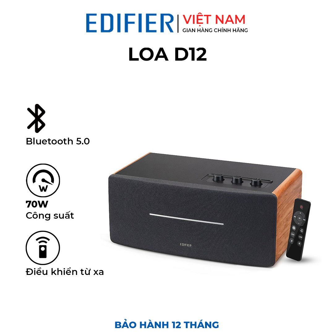 Loa bluetooth 5.0 EDIFIER D12 - Subwoofer out - Công suất 70W - Điều khiển từ xa - Cổng kết nối RCA,AUX - Thân vỏ gỗ cổ điển - Bảo hành chính hãng