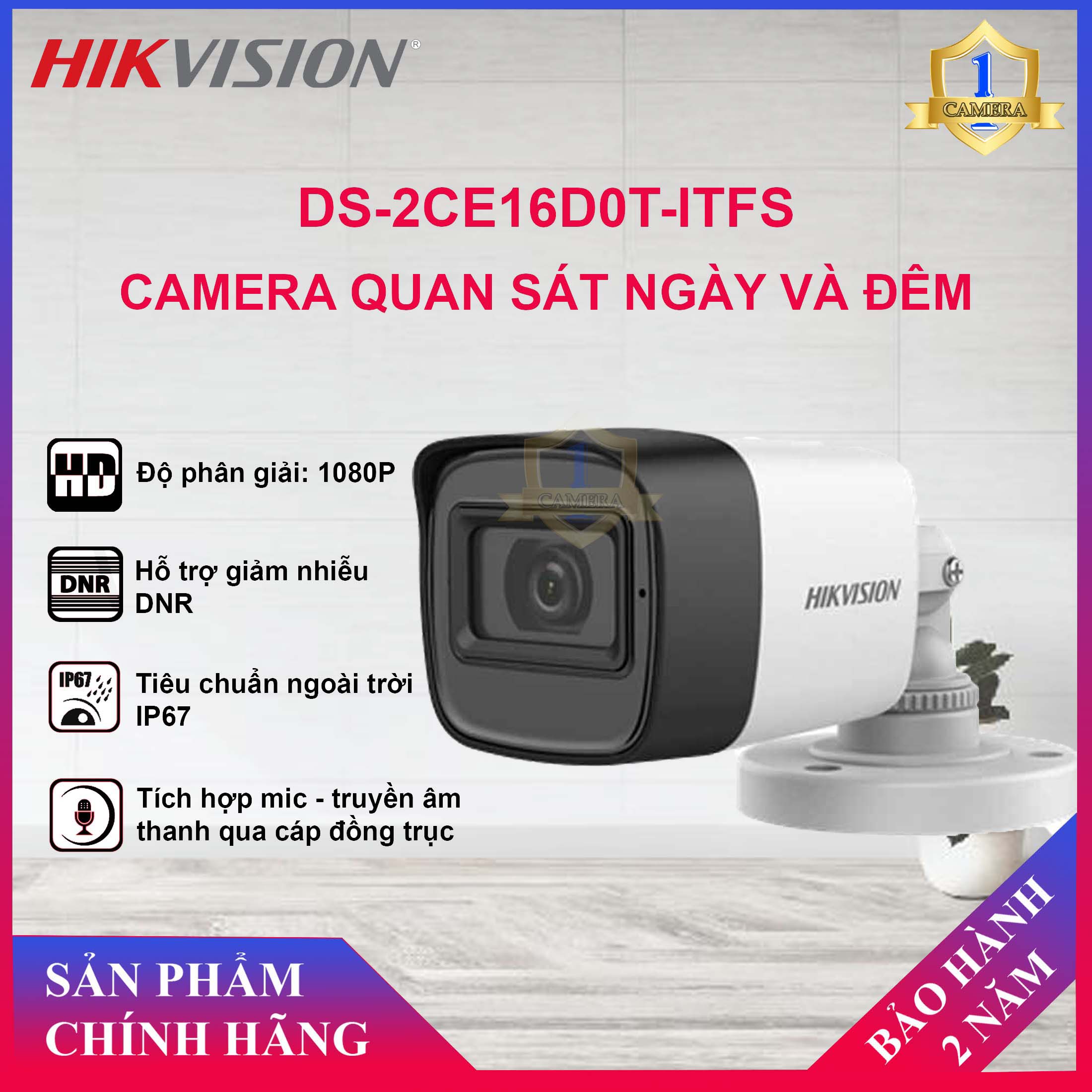 Camera hdtvi hikvision ds-2ce16d0t-itfs - 2mp - tích hợp mic, truyền âm thanh trên cáp đồng trục - camera số 1