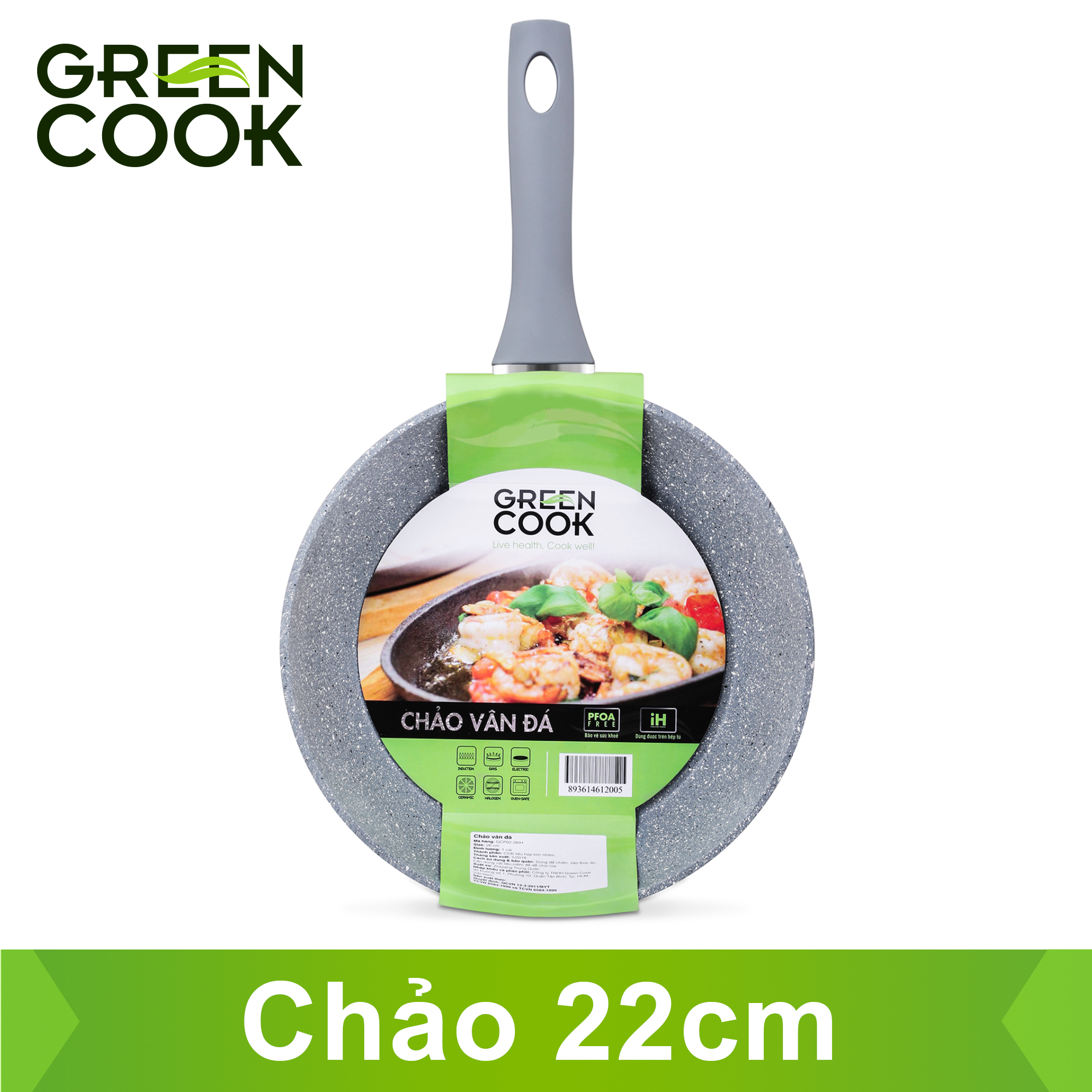 Chảo cạn đáy từ vân đá chống dính Green Cook GCP01-22IH size 22 cm tay cầm chịu nhiệt - Hàng chính hãng greencook