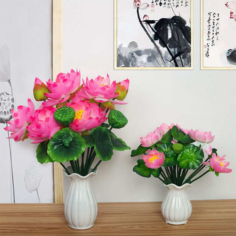 Hoa lụa, cành hoa sen cao cấp 4 bông 1 nụ, gương sen kèm lá tuyệt đẹp trang trí phòng khách, bàn thờ