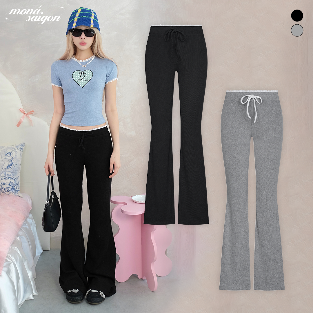 Quần ống loe nữ thun lụa tâm nhí phối ren moná - ori pants
