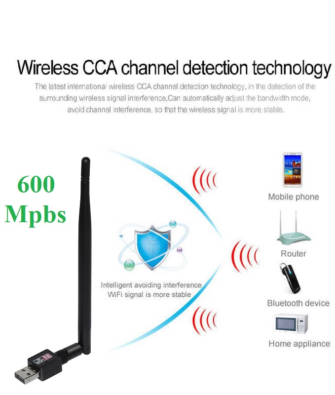 Usb thu Wifi tốc độ 600 Mbps Có Ăng Ten, Đầu Chuyển đổi Usb Wifi không dây Cho Pc, laptop, máy tính bàn