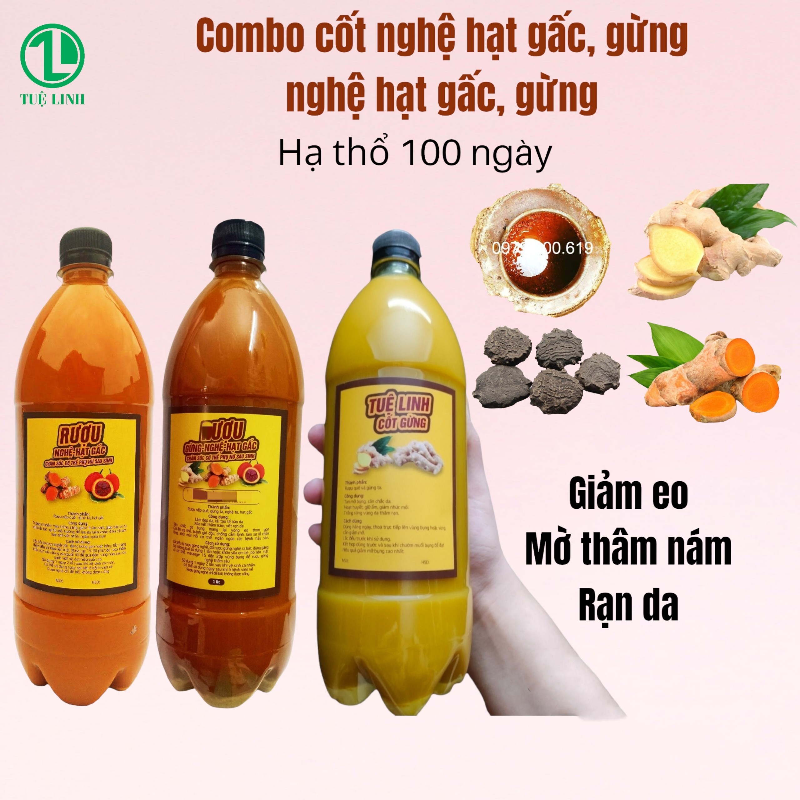 Bộ ba sản phẩm 1 lit cốt gừng+ 1 lit cốt gừng nghệ hạt gấc cho body, 1 lit cốt nghệ hạt gấc cho mặt dùng sau sinh