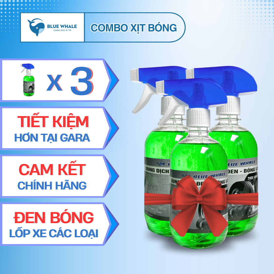 Combo 3 chai xịt làm đen bóng bảo vệ lốp BlueWhale 500ml chính hãng cho lốp ô tô, xe máy, xe đạp