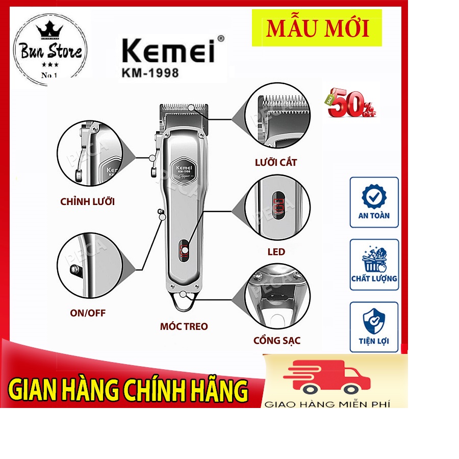 [ HÀNG CHÍNH HÃNG ]Tông Đơ Kemei 1998 Thân Nhôm Nguyên Khối,Pin Lithium 2000mah  Và Bộ 4 Cữ, Màn Hình LED Hiển Thị % Pin. Kế Thừa Tinh Hoa Của 2 Người Anh 1996,1997.Sản Phẩm Cải Tiến Cao Cấp Mới 2021. Bảo Hành 12 Tháng.