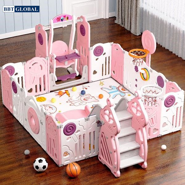COMBO Quây bóng cầu trượt xích đu gấp gọn hình kẹo kèm ném bóng rổ và ném vòng cho bé BSL307 BBT Global