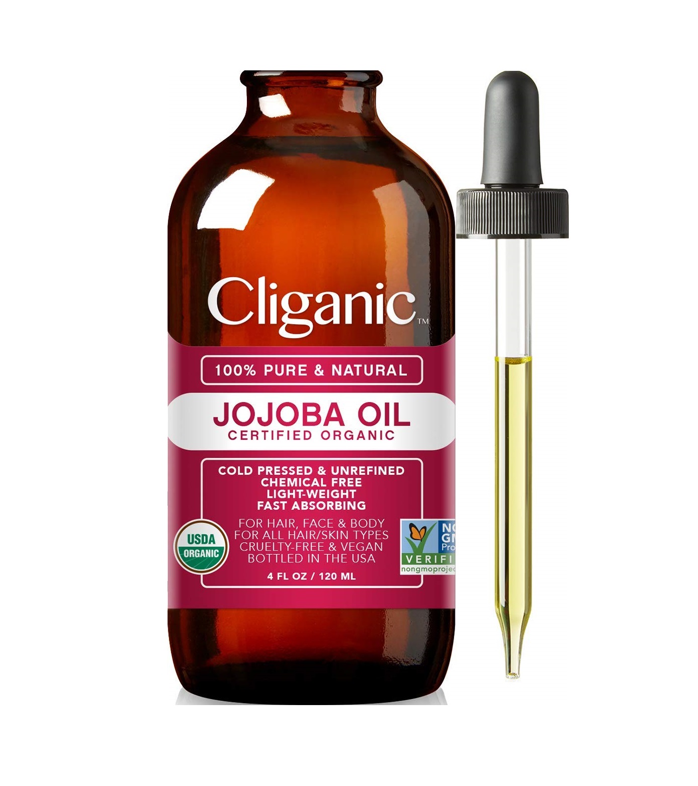 Dầu Jojoba hữu cơ Cliganic USDA, 100% nguyên chất giúp dưỡng ẩm cho mặt, tóc, da và móng tay 120ml