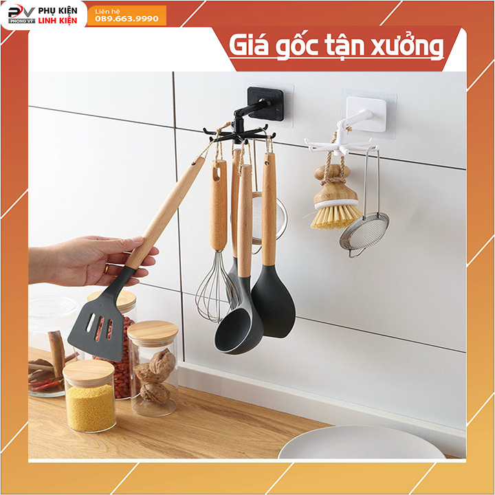 Móc 6 chấu dán tường xoay 360 độ - móc 6 xoay treo đồ