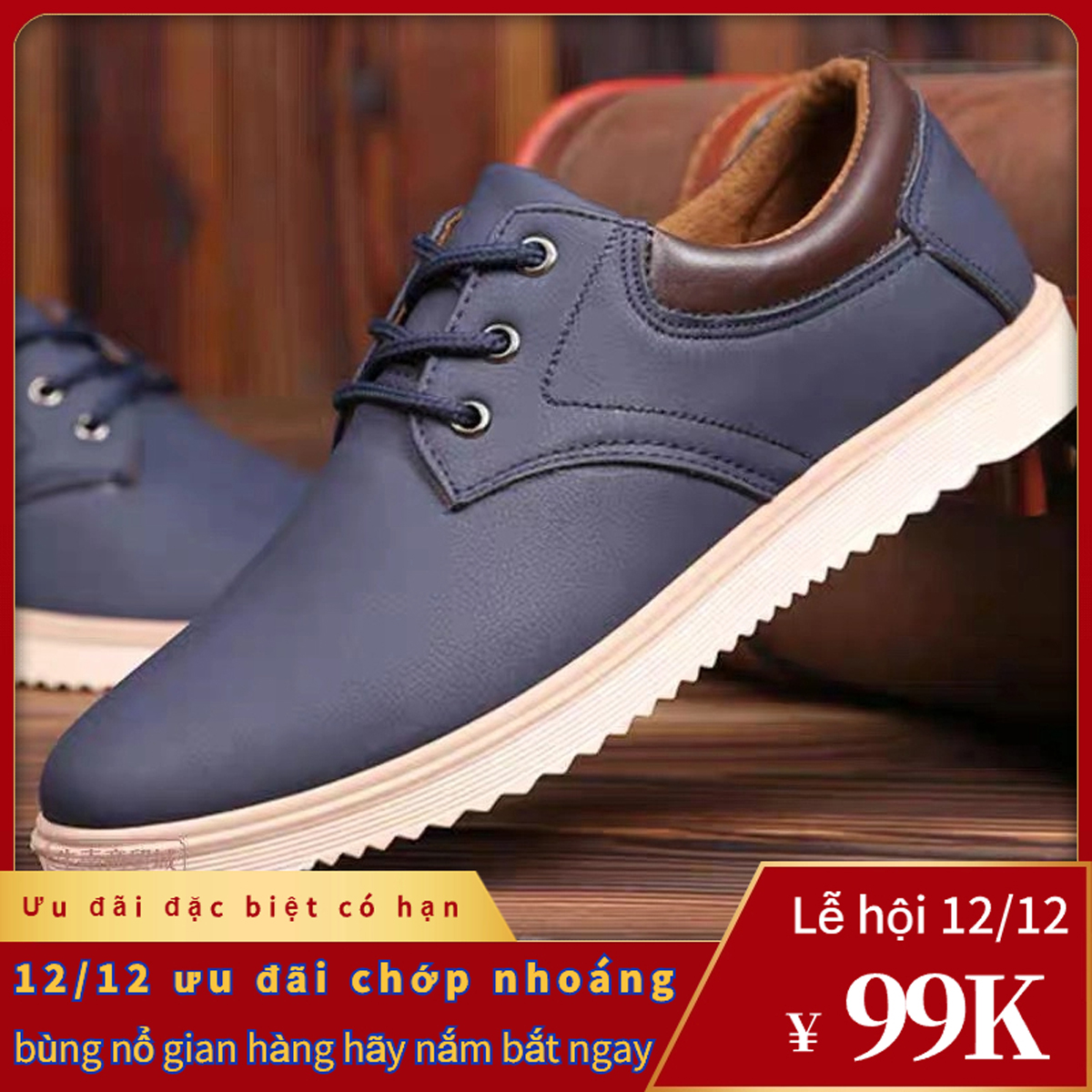 Giày da nam kiểu Oxford cao cấp đế gỗ phíp da bò thật