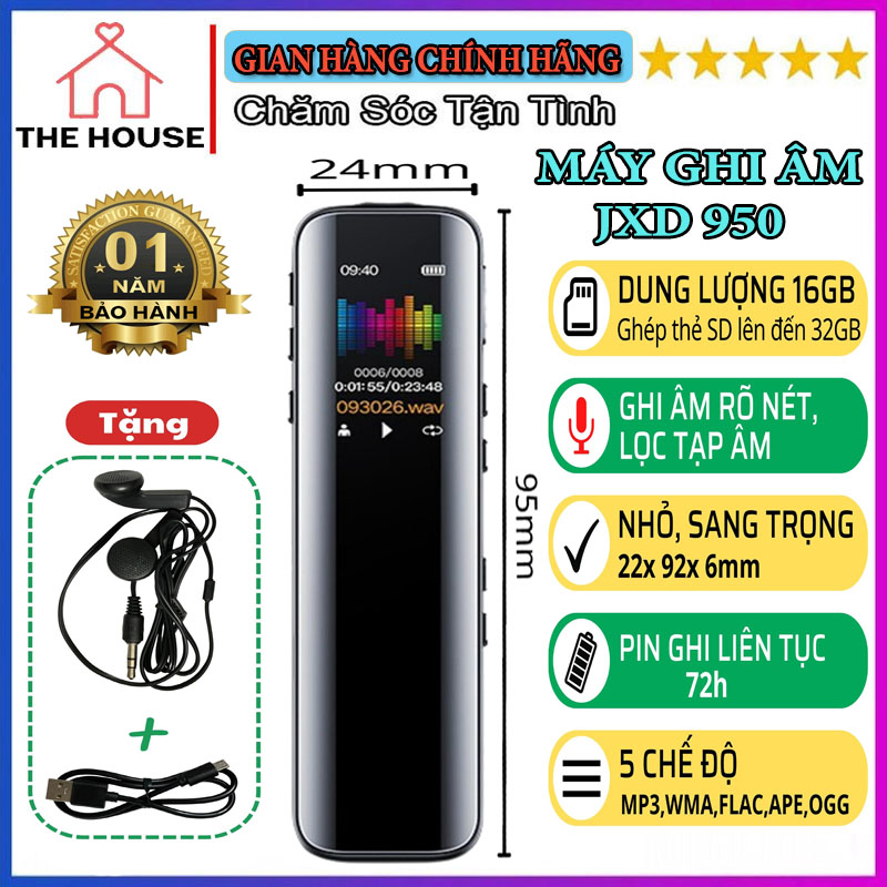 Máy ghi âm mini JXD 950 nhớ trong 16GB thiết kế nhỏ gọn hỗ trợ khe cắm thẻ nhớ lên đến 32Gb bộ Bảo hành 1 năm