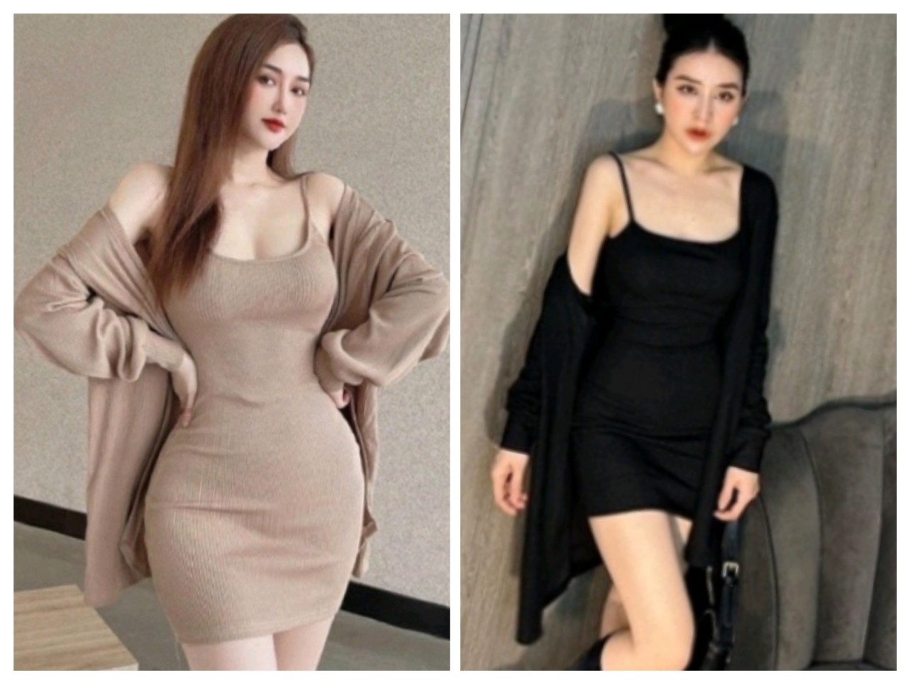 Sét đầm áo khoác from rộng + đầm 2 dây ôm body chất thun dày dặn co giãn 4 chiều size dưới 53kg