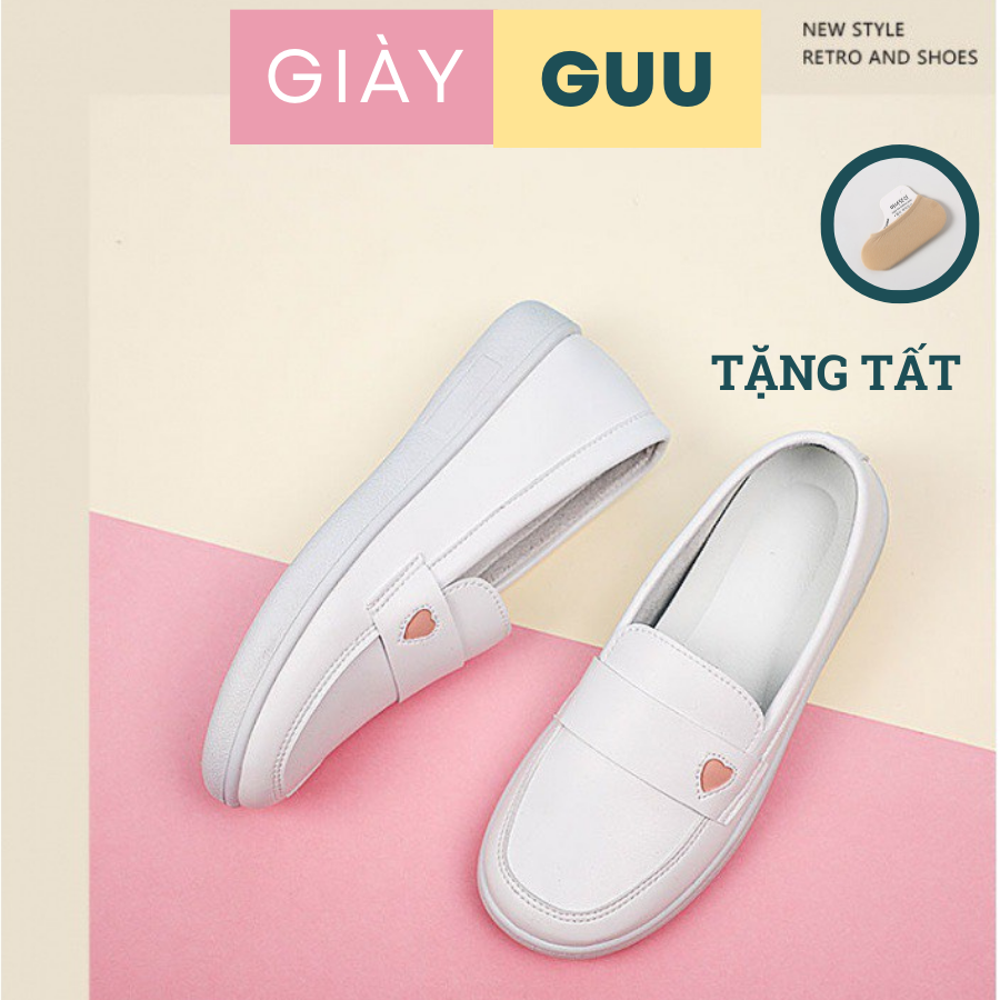 Giày nữ trắng, giày lười nữ trắng êm nhẹ, họa tiết trái tim