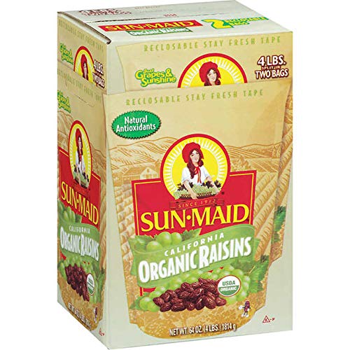 Nho khô xanh không hạt hữu cơ Natural Sun-Maid California Organic Raisins hộp 1.814kg của Mỹ gồm 2 túi bên trong, mỗi túi 907gr
