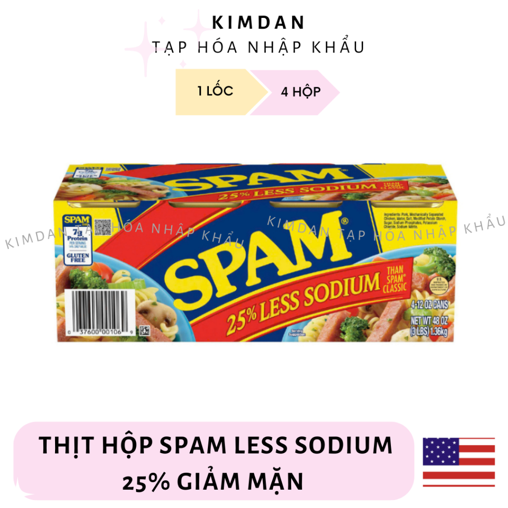 [Nhập khẩu Mỹ] Lốc 4 hộp thịt hộp SPAM LESS SODIUM 25% giảm mặn 340g