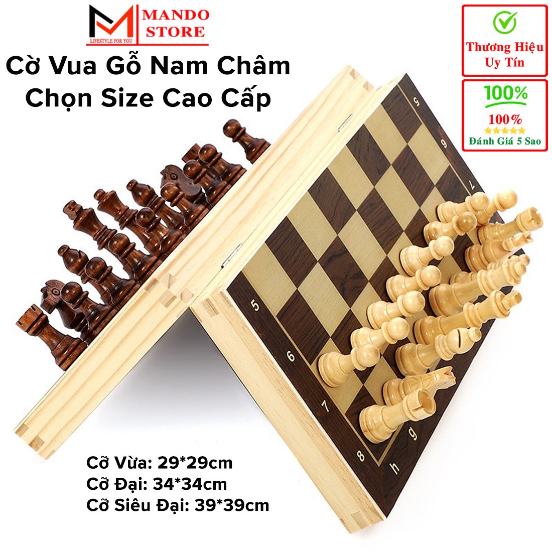 Cờ vua gỗ nam châm cao cấp chọn size - bộ cờ vua bằng gỗ thông tự nhiên cao cấp có gắn nam châm - bàn cờ vua gỗ kiêm hộp đựng cờ vua tiện lợi