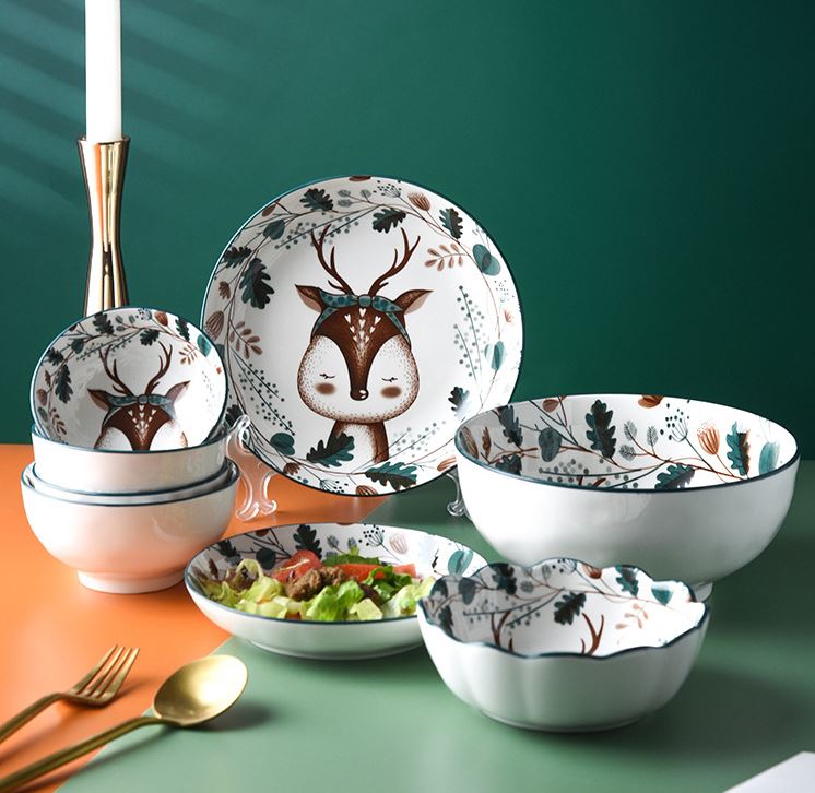 Bộ chén bát ăn cơm, đĩa khay gốm sứ Nai đen decor cao cấp