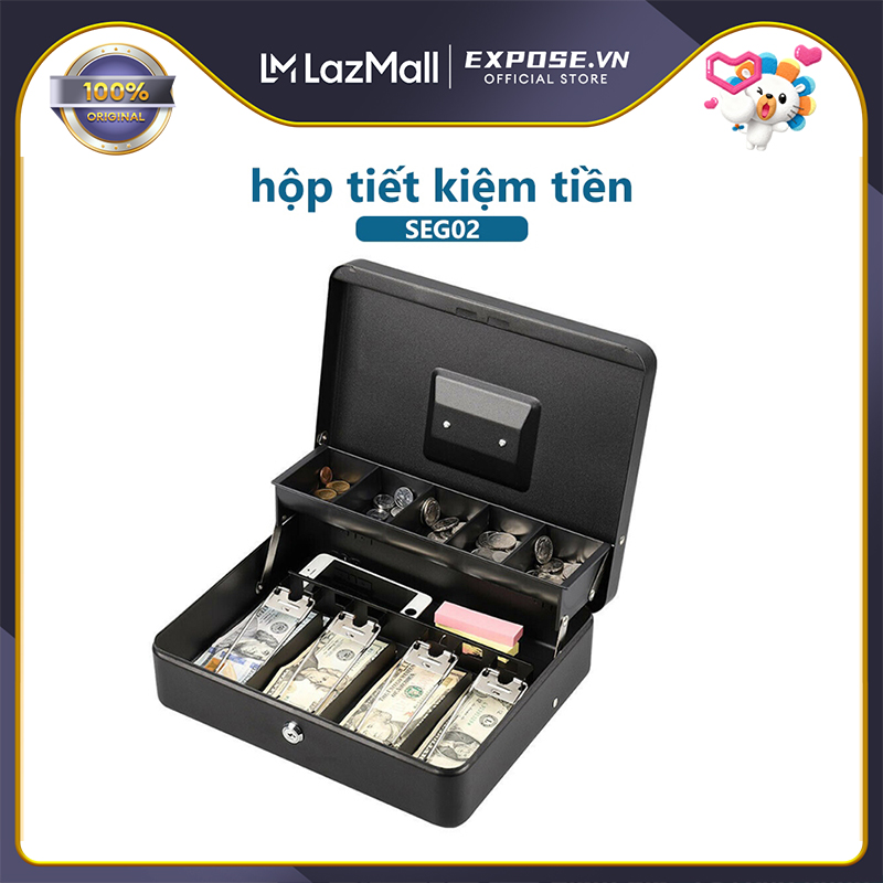  EXPOSE Két Tiền Thu Ngân Két sắt mini Trường hợp thanh toán xách tay hai lớp Hộp tiền có chìa khóa Hộp lưu trữ Đen Màu 