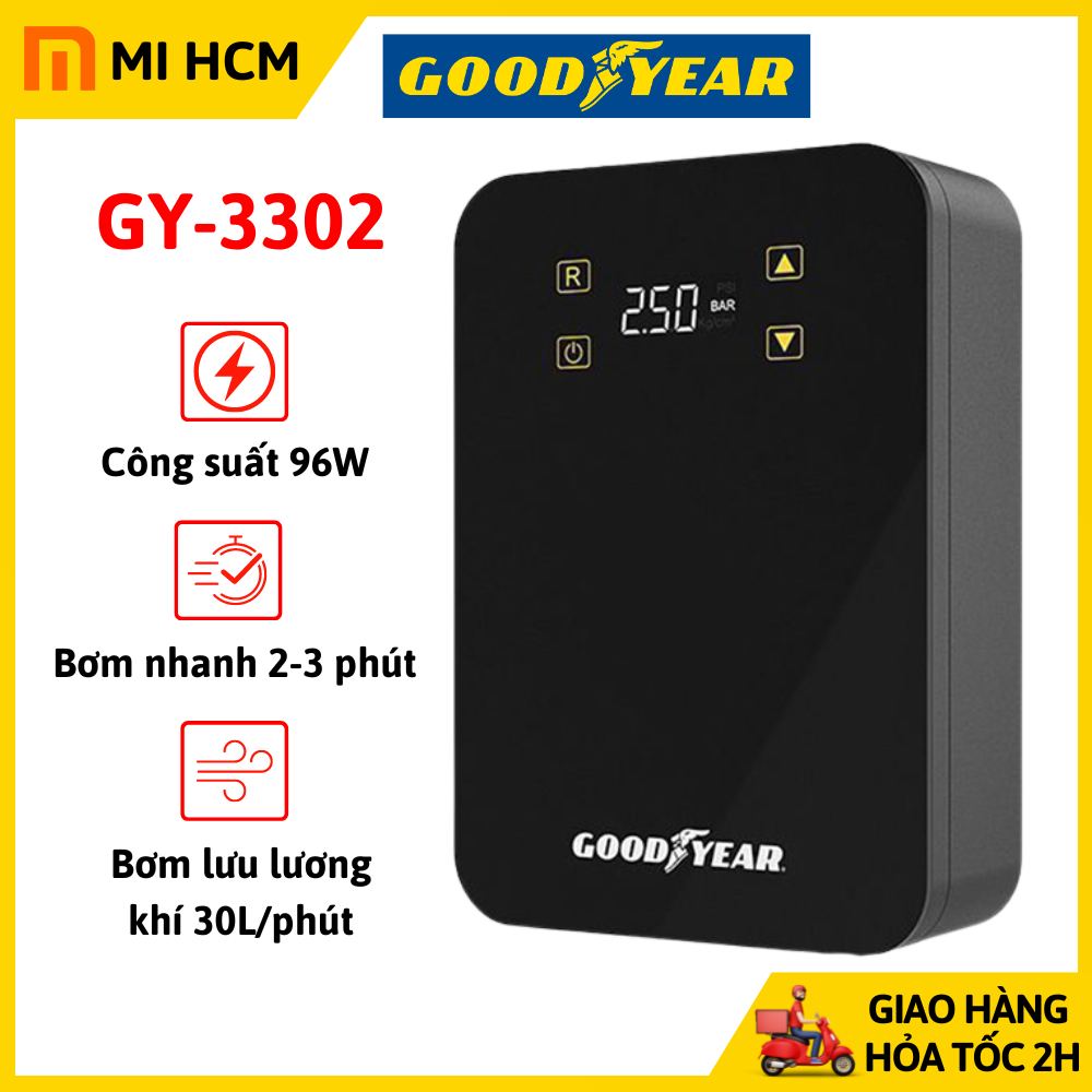 Bơm lốp ô tô GoodYear GY-3302 điện tử cảm ứng thông minh, tự ngắt, vòi bơm đa năng tự động, đo áp suất lốp ô tô, máy bơm lốp xe ô tô, máy bơm lốp xe điện tử, bảo hành 12 tháng