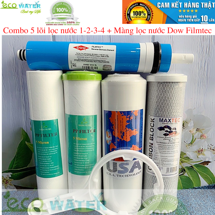 Combo 5 lõi lọc nước 1-2-3-4 + Màng lọc nước Ro Dow Filmtec - Tặng kèm tay vặn cốc - ECW00025