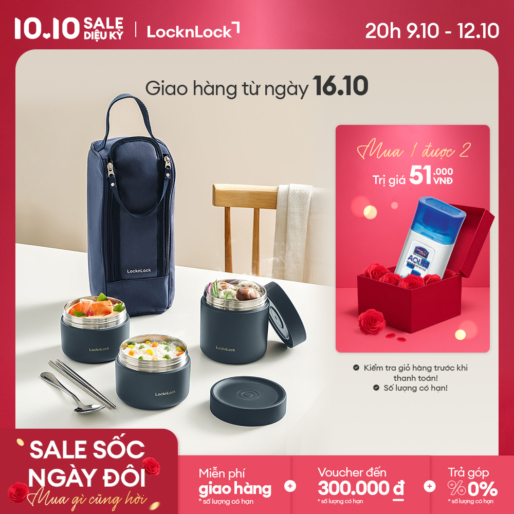 LHC8052S01 - Bộ hộp cơm giữ nhiệt Lock&Lock Pump Vacuum Lunch box - Gồm 2 hộp 300ml, 1 hộp 500ml, thìa đũa, túi quai xách - Hàng chính hãng