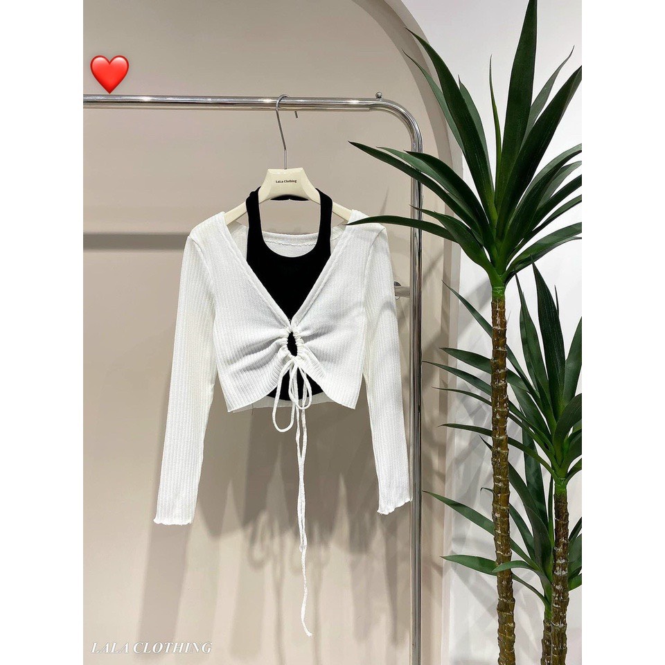 Set áo yếm kèm áo khoác cardigan rút dây tròn ttslt0012