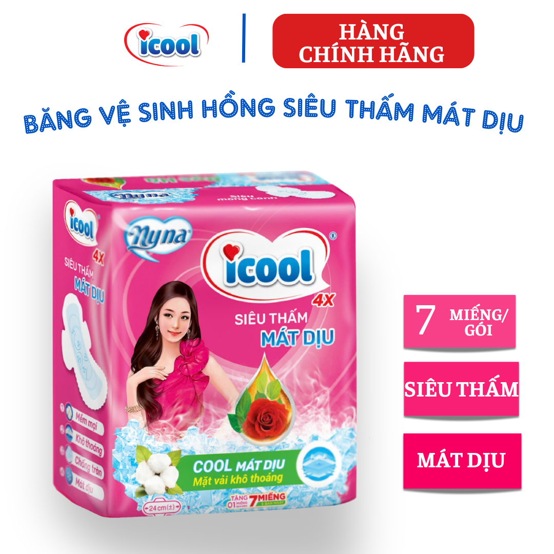 {Hàng chính hãng} Băng Vệ Sinh ICOOL HỒNG SIÊU THẤM THẢO DƯỢC 7 Miếng, BVS  ban ngày 24cm, có cánh, mặt vải caro mềm mại chống tràn,  bạc hà MÁT DỊU.