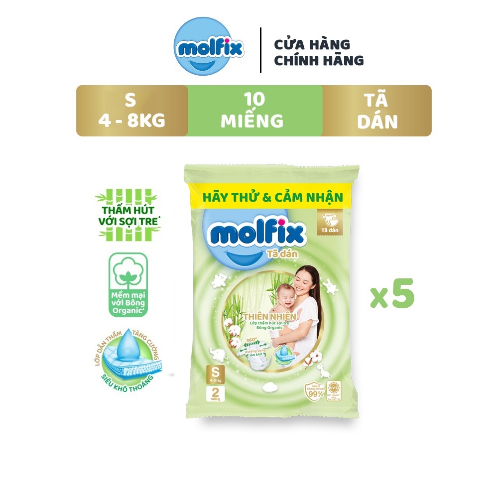 10 miếng Tã/ bỉm dán Molfix Thiên nhiên S (4kg - 8kg)