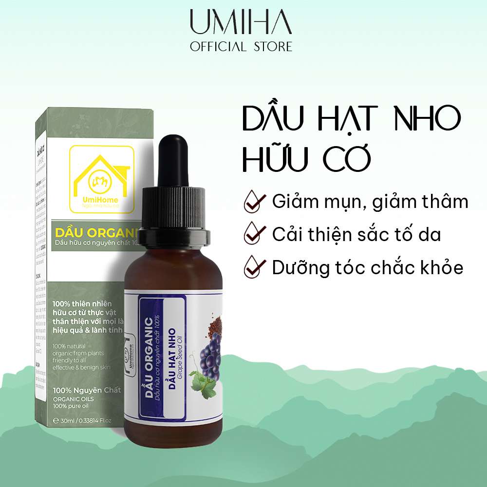 Dầu Hạt Nho hữu cơ UMIHOME nguyên chất 30ml - Dưỡng da cấp ẩm chống lão hóa và nếp nhăn, ngừa thâm mụn và giảm thâm quầng mắt