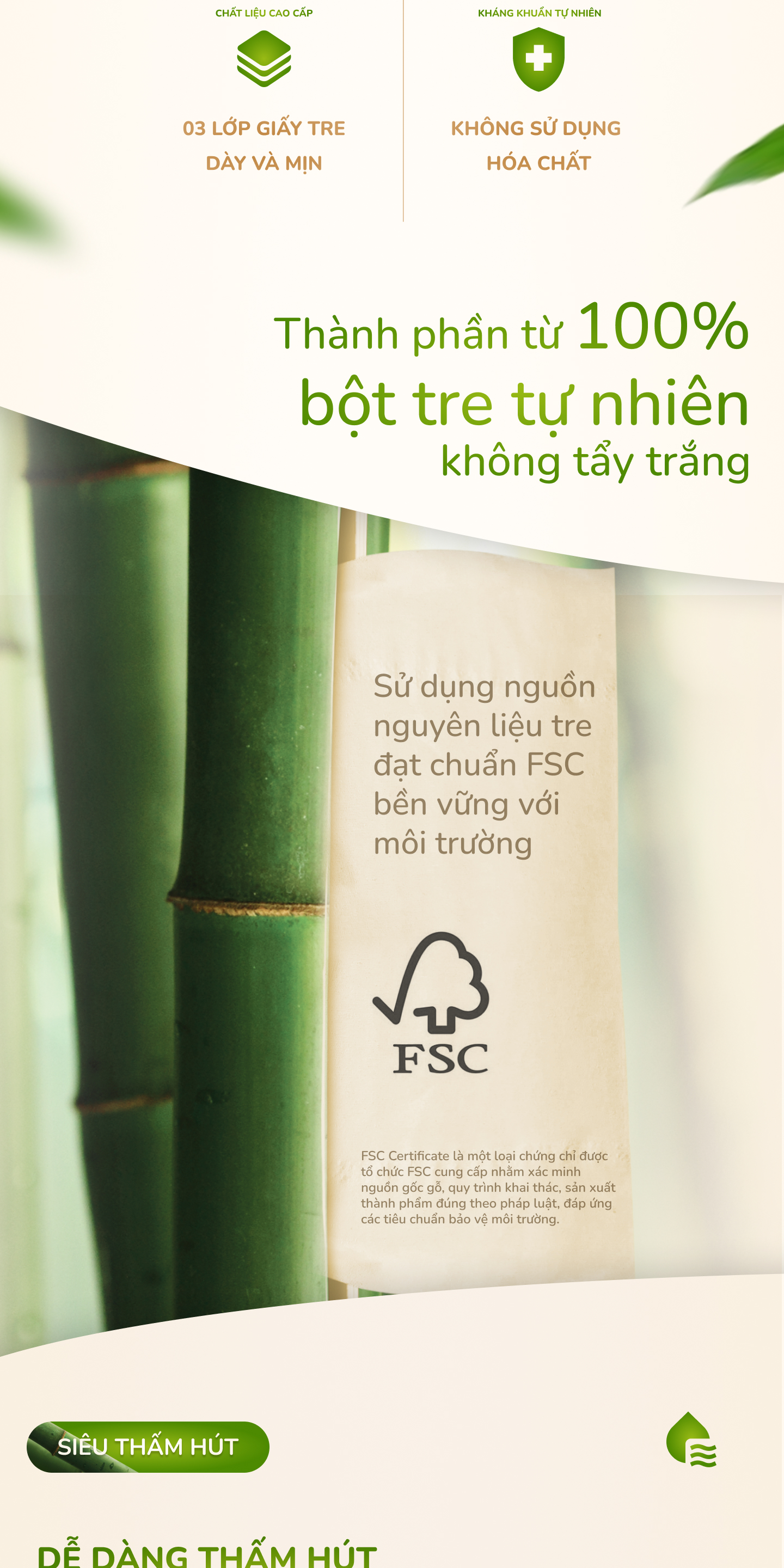 Khăn giấy khô không mùi từ sợi tre siêu dai FUDO TISSUEPack - Dai khi thấm nước và không bụi vụn (Gói lẻ 130 tờ x 3 lớp).