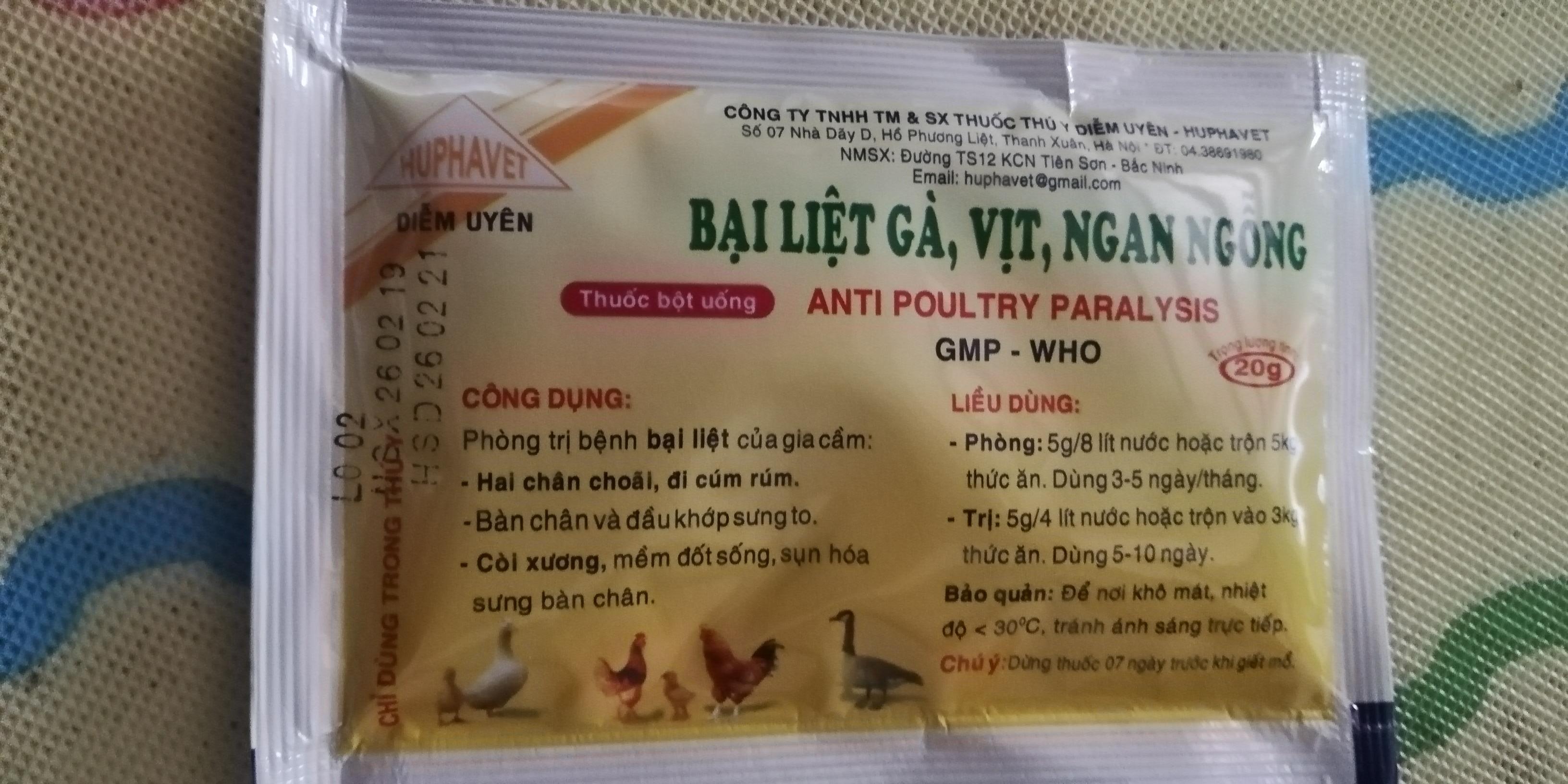 PHÒNG VÀ TR-Ị BỆNH BẠI LIỆT GÀ, VỊT, NGAN, NGỖNG, CHIM CẢNH,GÀ CHỌI, GÀ ĐÁ 4 gói 20g