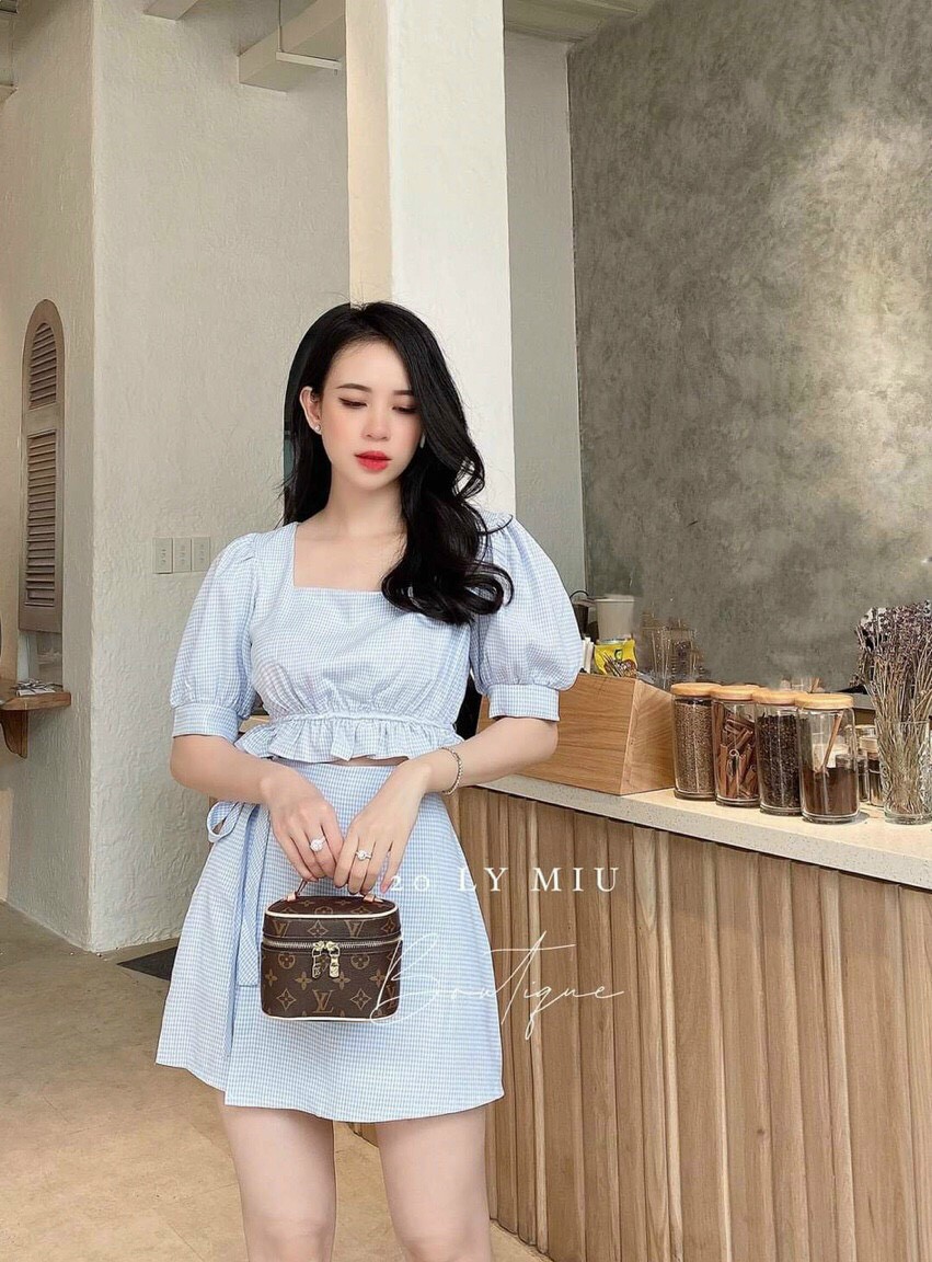 [HCM]Set bộ áo kiểu bo chun chân váy thắt eo dễ thương