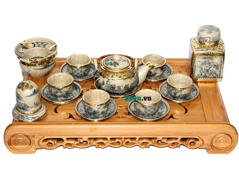 Bộ ấm chén Bát Tràng giả cổ bọc đồng đầy đủ phụ kiện AC19
